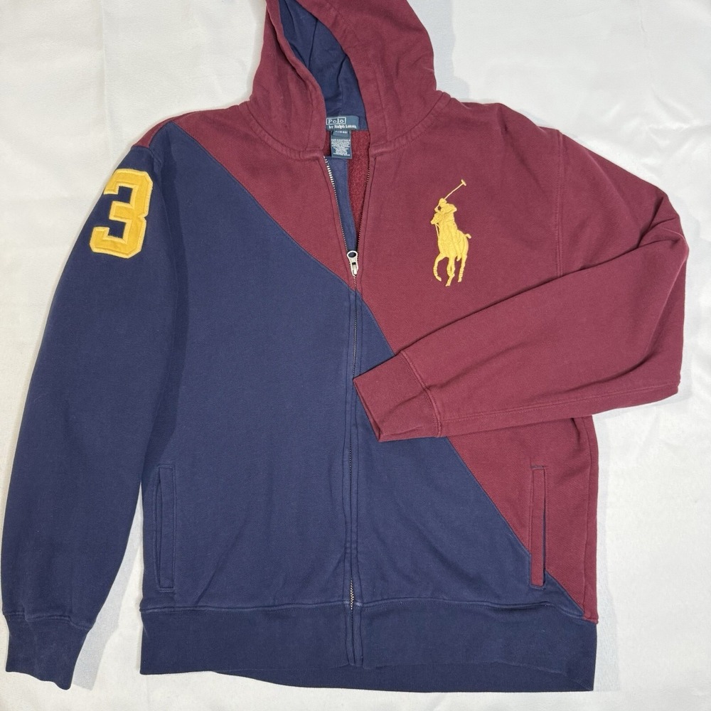 Polo Ralph Lauren Rugby Hoodie Youth XL Fleece Full Zip Big Pony Stripe #3 18-20